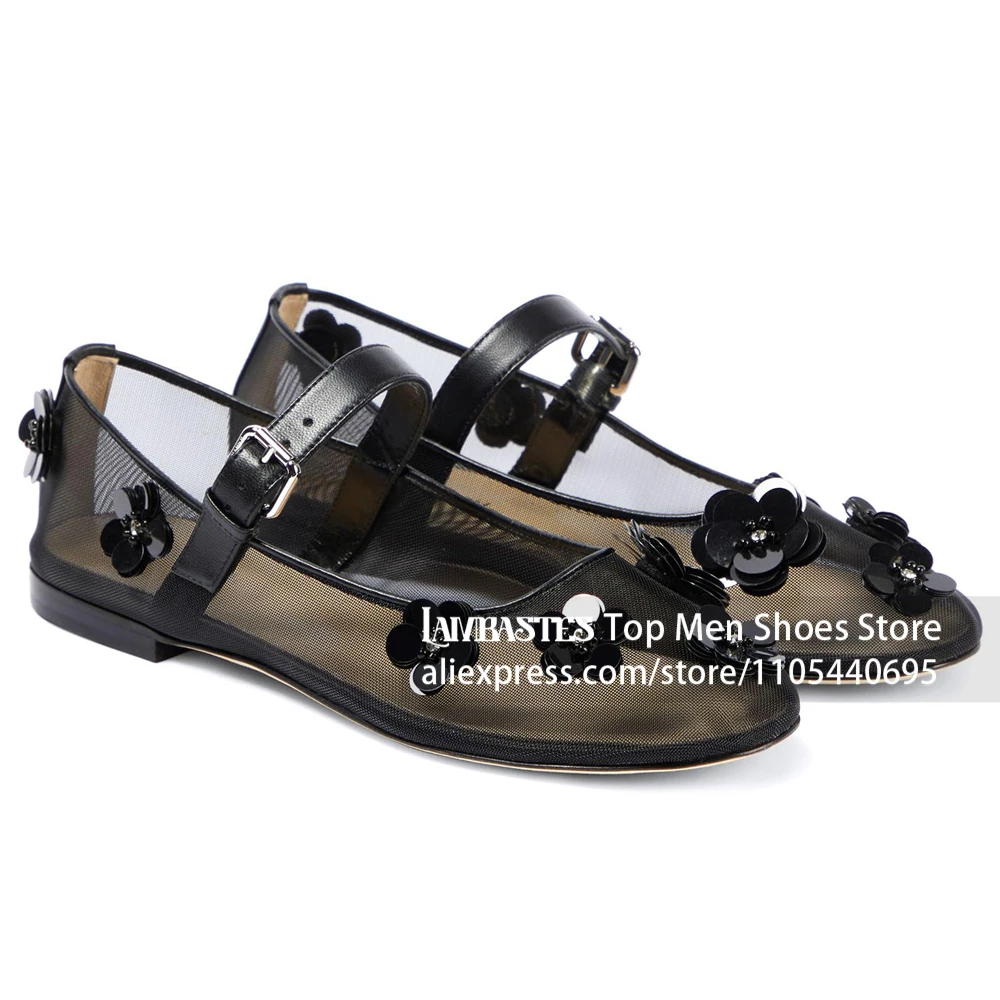 Mesh Floral Mary Jane Flats Sheer Mesh Sequin Sweet Flower Buckle Strap Flat Shoes Rhinestone Round Toe Ballet Flats for Women