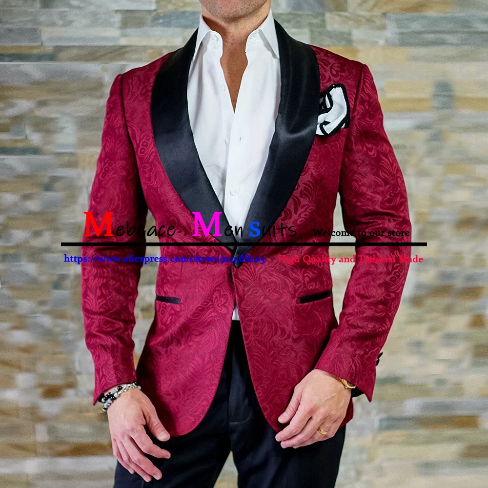 Customized Burgundy Groom Tuxedo Groomsmen One Buttons Black Shawl Lapel Men Suit Wedding Men's Blazer Set Costume Mariage Homme