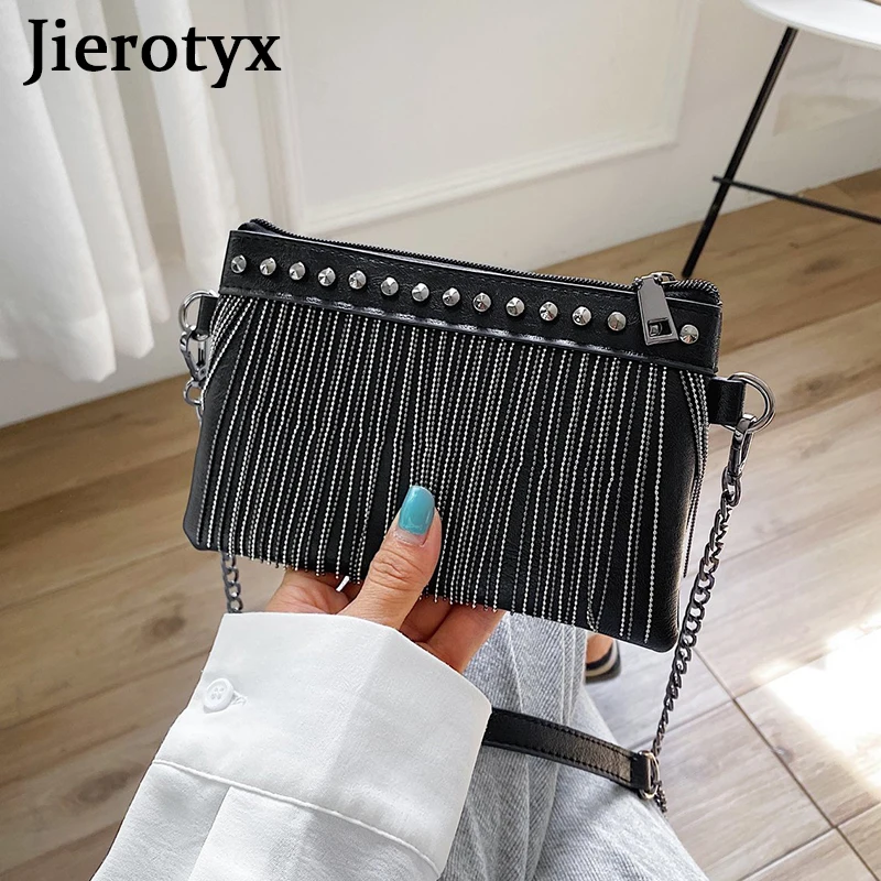 JIEROTYX Womens Crossbody Bags Small Tassel Rivet Shoulder Bag with Chain Strap Purse Pack Handbags for Girls Black White