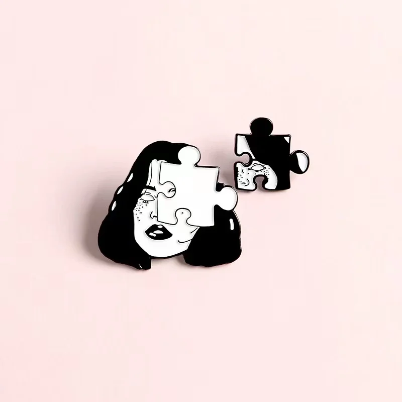 Pin Club | Punk Brooche Half Women Skull Face Lapel  Badges Custom  Enamel Puzzle  Jigsaw Jewelry Gifts Backpacks Denim Decorate