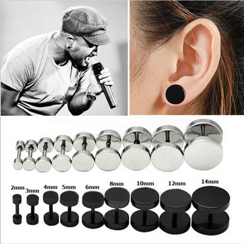 One Pair Black Stainless Steel Round Stud Earrings For Women Dumbbell Piercing Earrings Men Punk Fashion Jewelry 2-14mm