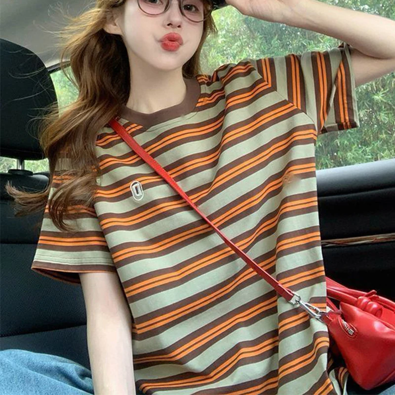 Summer Striped Letter Print Women O Neck Short Sleeve T Shirts Vintage Fashion Casual Teenager Loose All-match Tops Tee Khaki