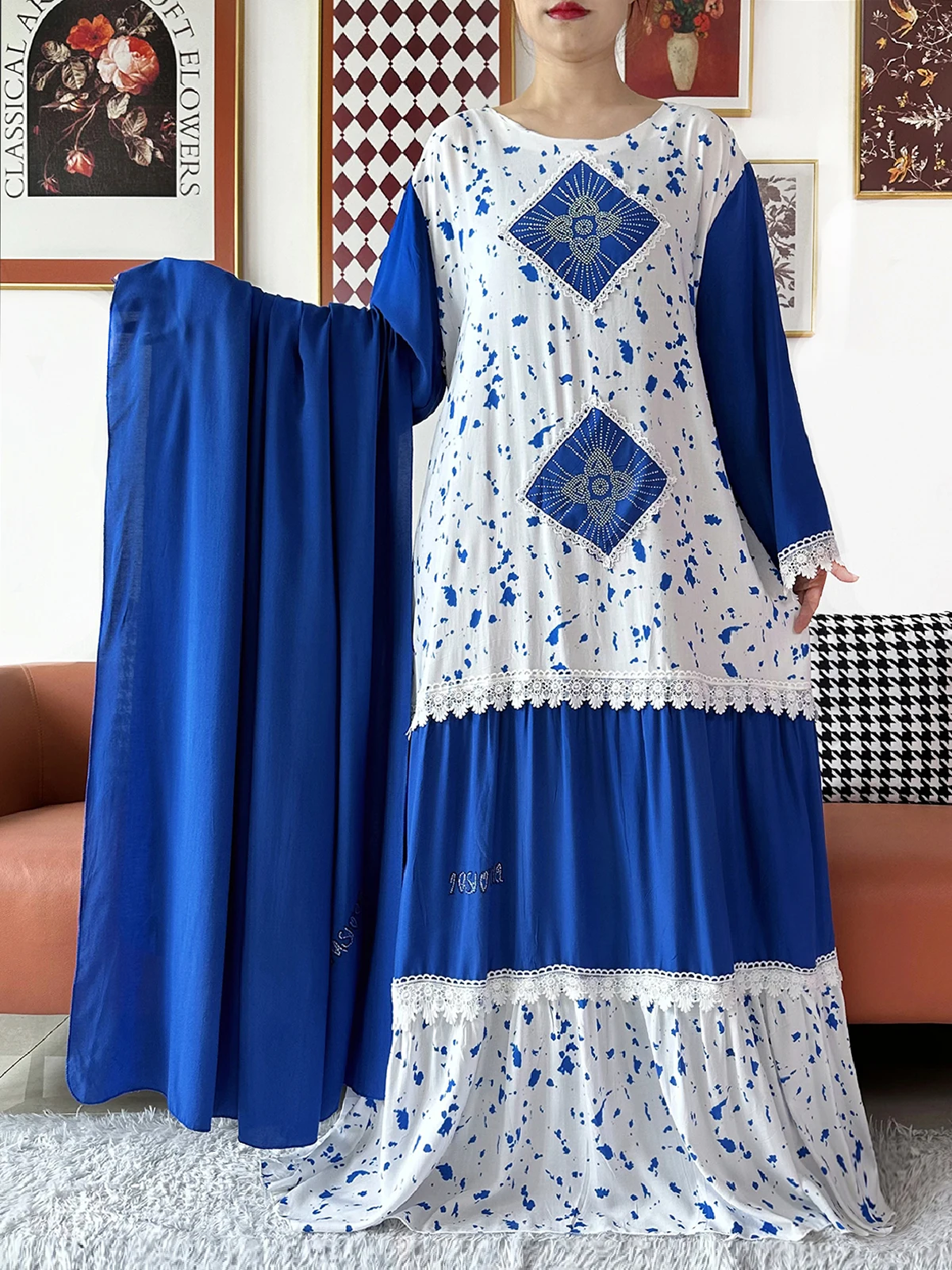 High Grade Fabric 2026 Muslim Kashkha Abaya Soft Cotton Floral Abaya African Boubou Muslim Loose Kaftan Maxi Dress for Ramadan