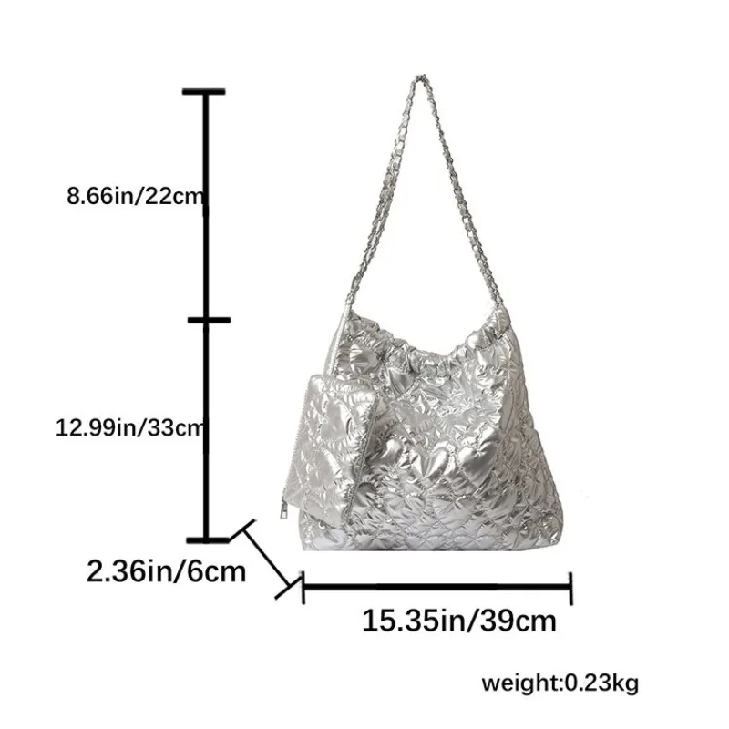 Autumn Winter New Quilted Diamond Design Women\'s Silver Shoulder Bag Fashion Y2K Soft Bucket Tote Bag Trends Handbags and Purses