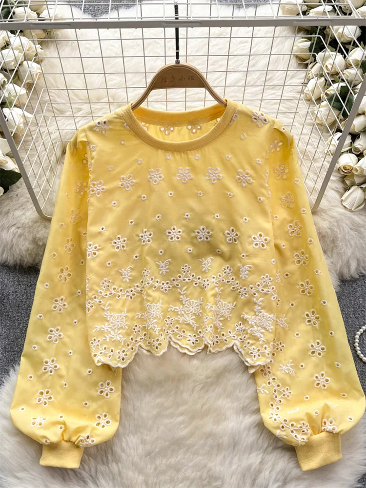 Croysier Vintage Cutwork Embroidery Blouse Fashion Clothes For Women 2024 Round Neck Long Sleeve Crop Top Scalloped Hem Blouses