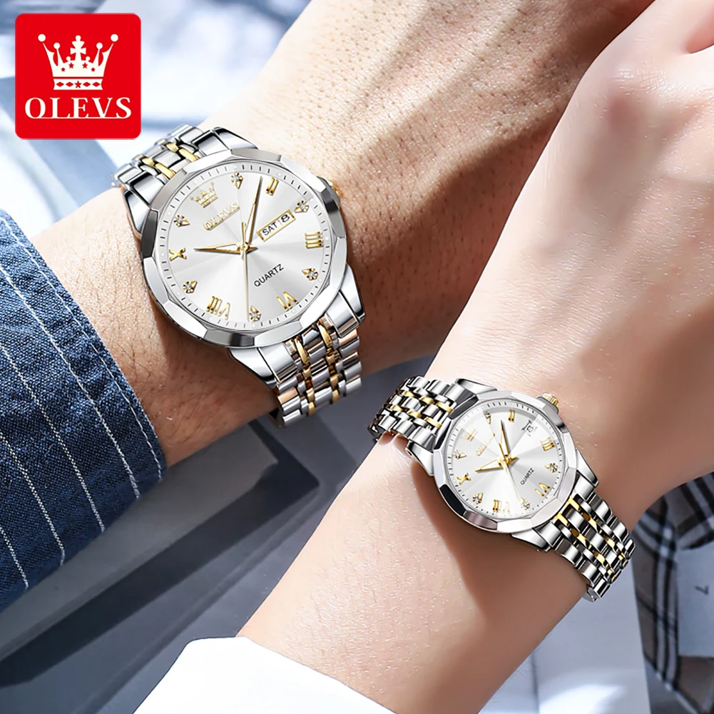 OLEVS Rhombus Design Paar Uhr Set für Sie und Ihn Quarz Armbanduhr Männer Frauen Solide Edelstahl Armband Liebhaber Uhr Geschenke