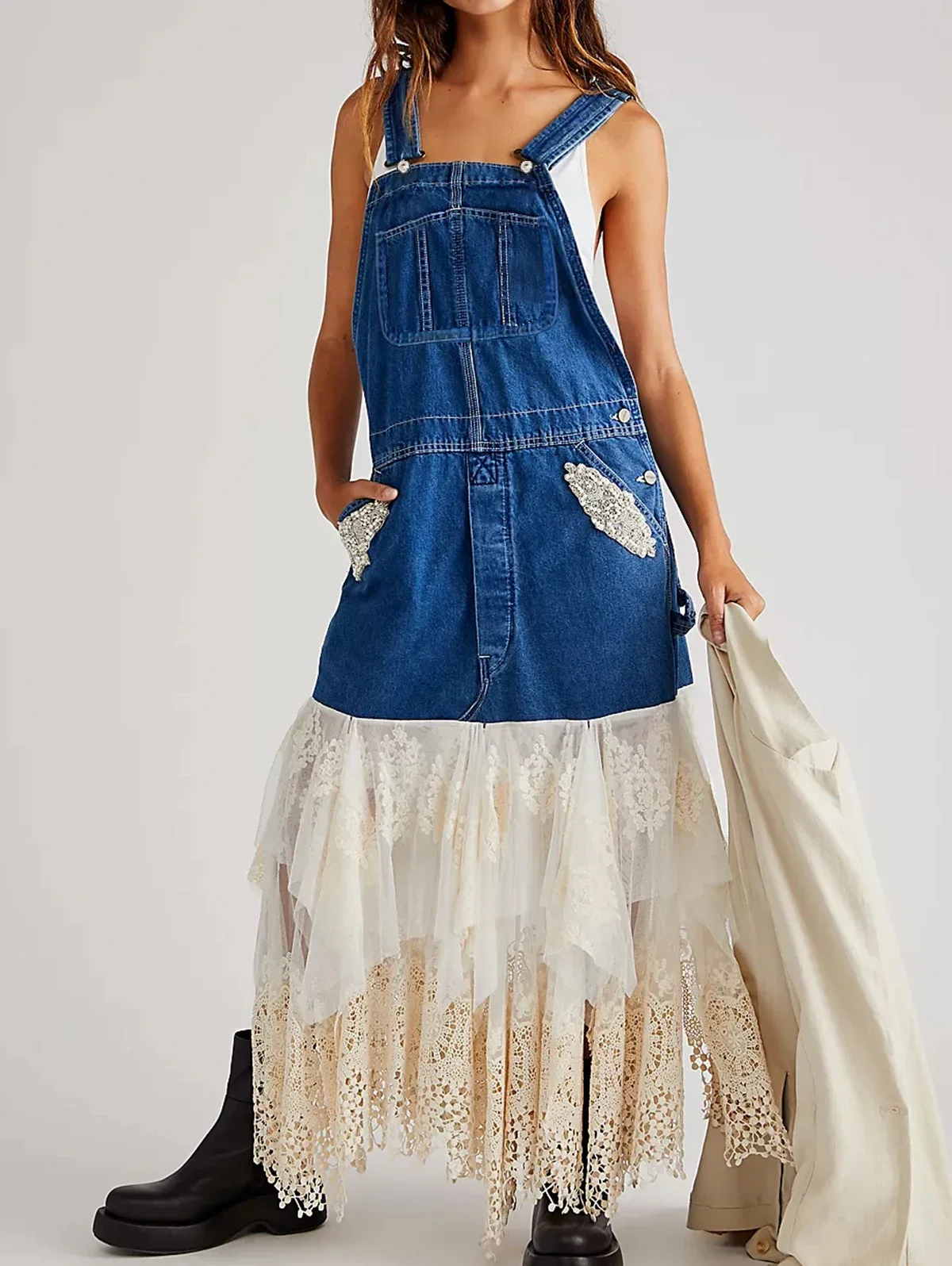 Women's Denim Strap Dress Lace Patchwork Irregular Hem Fashion Denim Skirt Pocket A-line Blue Basic Female Chic Long Dresses