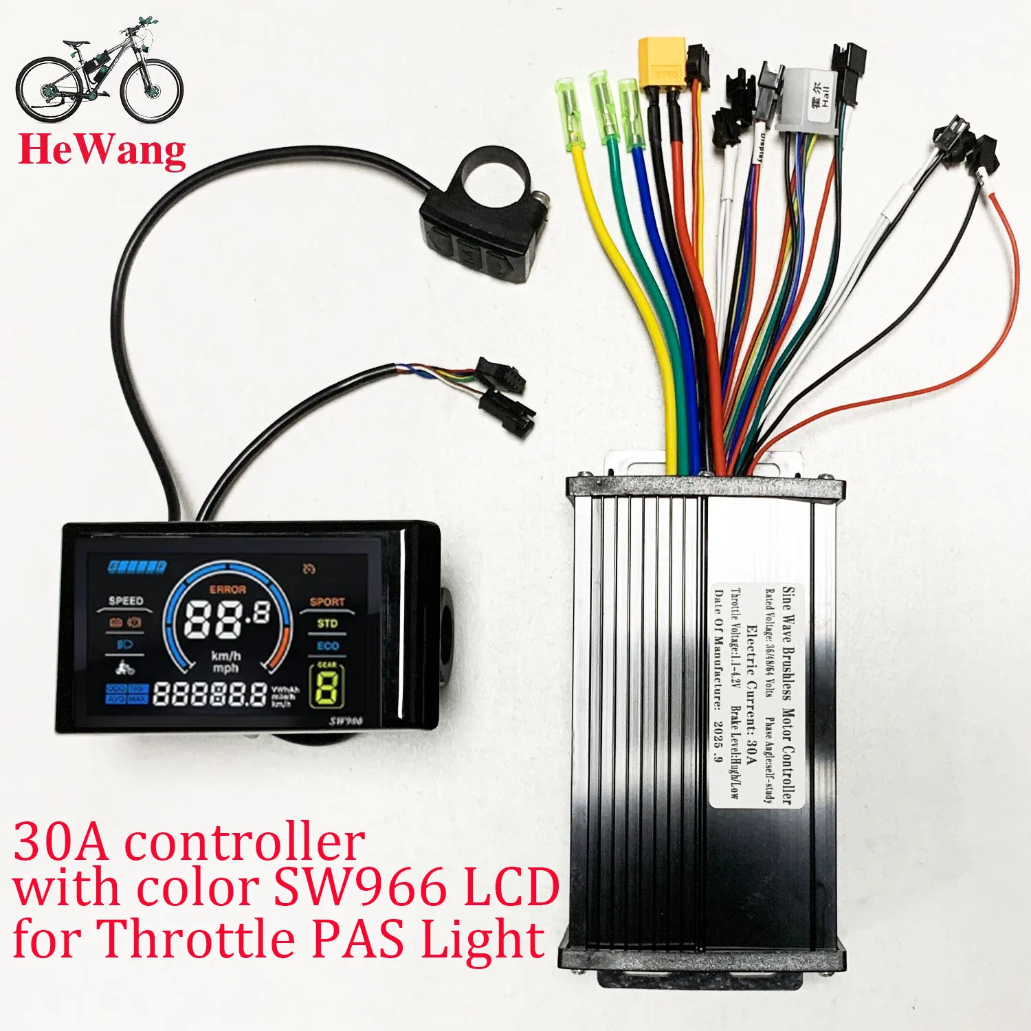 

30A sine wave 3-mode 1500W 36V 48V 52V 64V controller with S966 color LCD meter, for throttle handle PAS light e-bicycles part