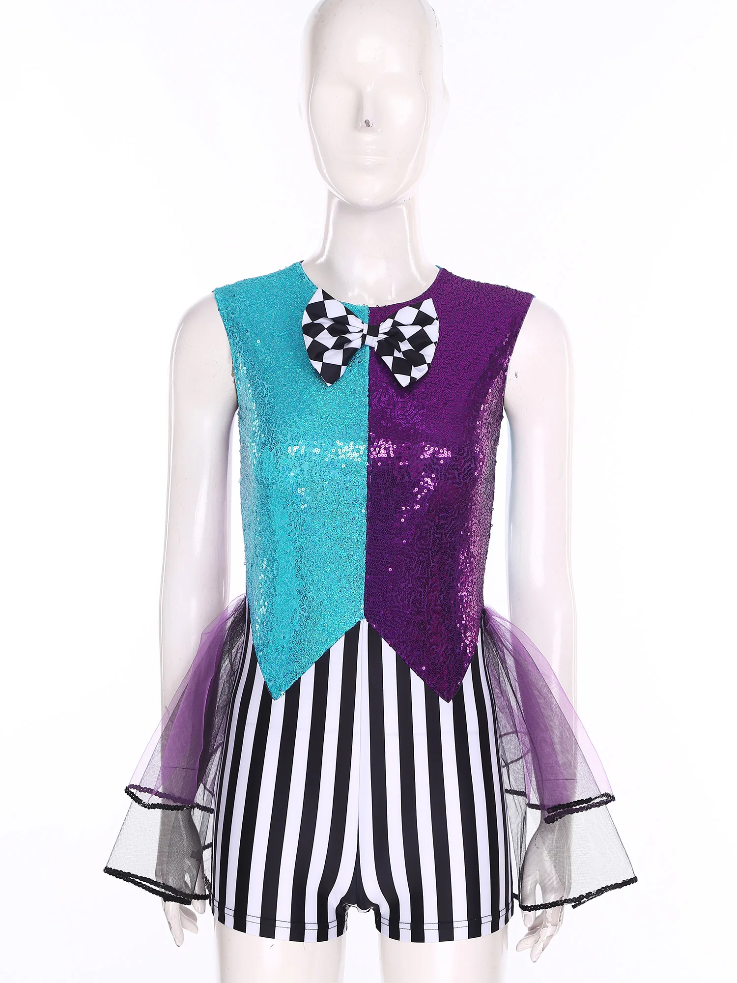 Womens Crazy Mad Clown Cosplay Jumpsuit Sequin Striped Checker Tiered Tulle Hem Rompers Ballet Jazz Dance Leotard Tutu Costumes - view 3