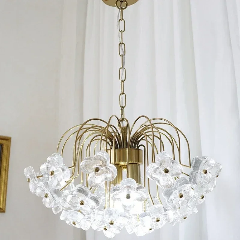 

French Retro Pastoral Petal Luxury Glass Iron Chandelier Living Room Restaurant Bedroom Hotel Pendant Lamp Decor Light Fixtures