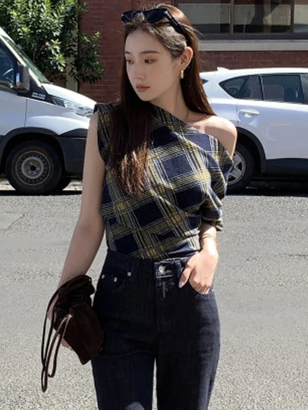 Retro Plaid da donna irt Casual Versatile Asimmetrico oulder Design Estate Puro Desiderio Sle Versione coreana Slim Fit irt