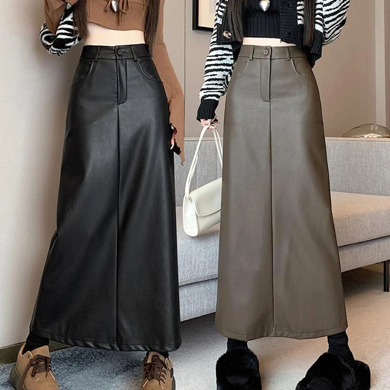 Vintage Coffee Black Long Skirt for Women Casual Back Split Pu Leather Skirts Ladies 2023 Autumn Winter High Waist A-Line Skirt