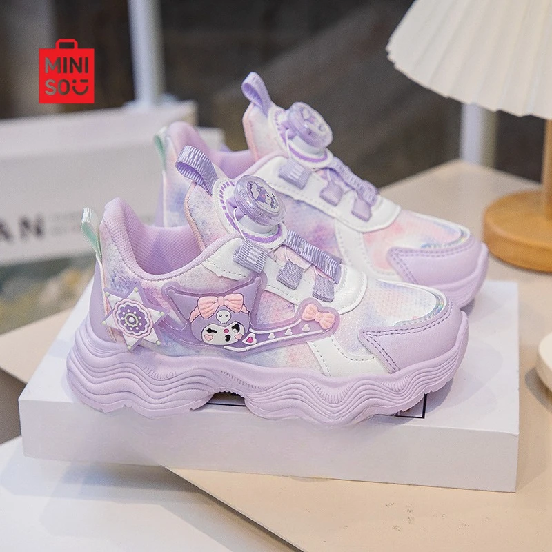 حذاء Miniso 2025 Kuromi للفتيات، نعل ناعم شبكي منسوج وجلد للأطفال والكبار والمراهقين