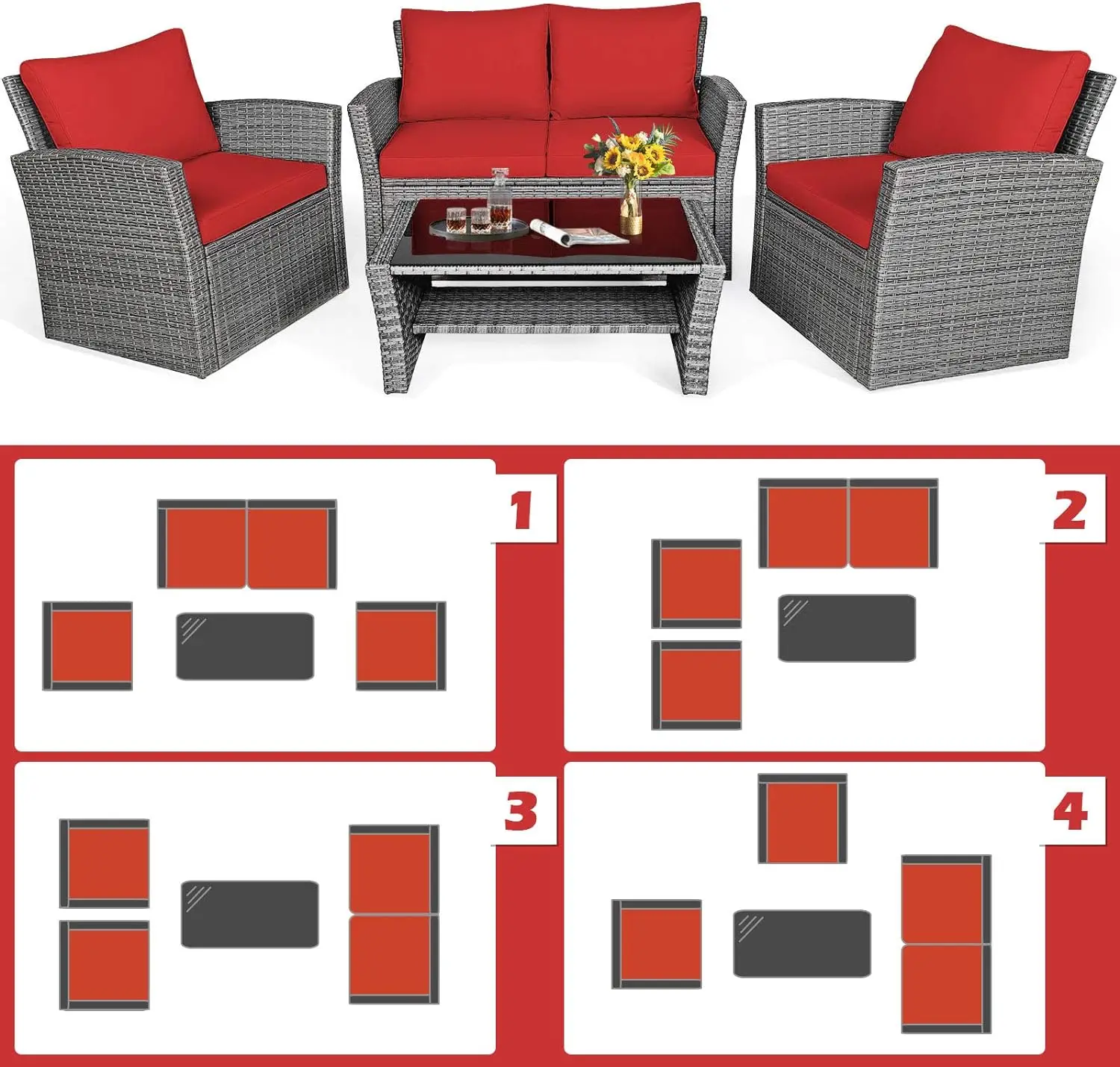 4 Piece Patio Rattan Furniture Set Outdoor Conversation Set with Cushions and Coffee Table, Sectional Wicker Sofa Set