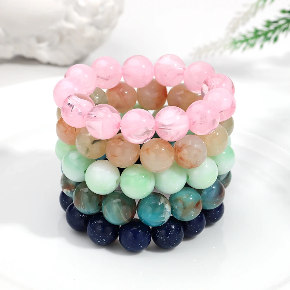 Böhmische Acryl-Armbänder mit bunten, marmorierten, elastischen, runden Perlen, trendige, geometrische, stapelbare Armreifen, Schmuck für Damen – Detail 8