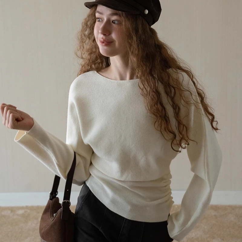 

Осень-зима французский женский вязаный свитер с длинным рукавом тонкий трикотаж пуловеры с круглым вырезом однотонные джемперы Y2k корейский модный топ