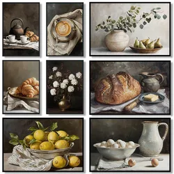 Vintage Still Life Coffee Croissant Lemons Fruit Tea Pot Posters and Prints Canvas Printing Wall Art Picture for Kitchen Decor