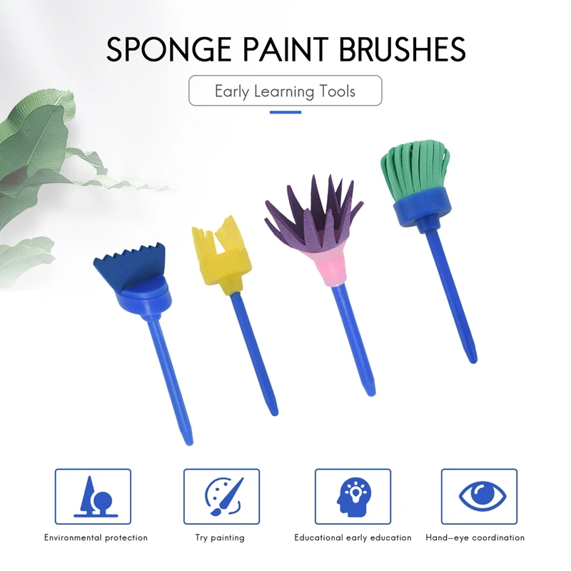 Sponge Paint Brushes For Kids, 4 Pack Early Learning Drawing Painting Tools Set For DIY Arts Crafts, Besom