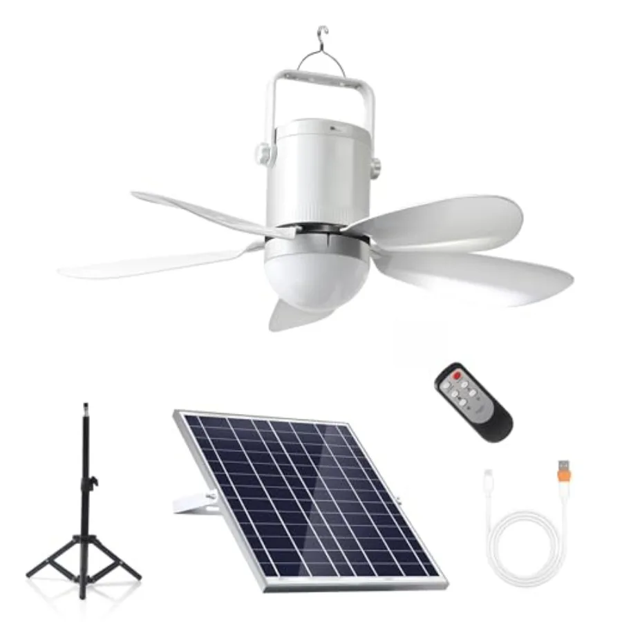 Solar Ceiling Fan with Light, 21600mAh Rechargeable Battery 25W Solar Panel, DC Brushless Quiet Fan, RF Remote Control, for Gaz