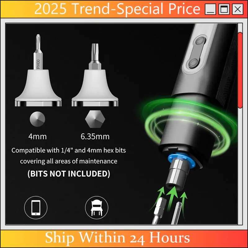 

The New Cordless Screwdriver,Compatible With1/4In And 4Mm Hex Bits,4 Torque Levels,3 Lighting Modes,1500Mah Rechargeable Battery