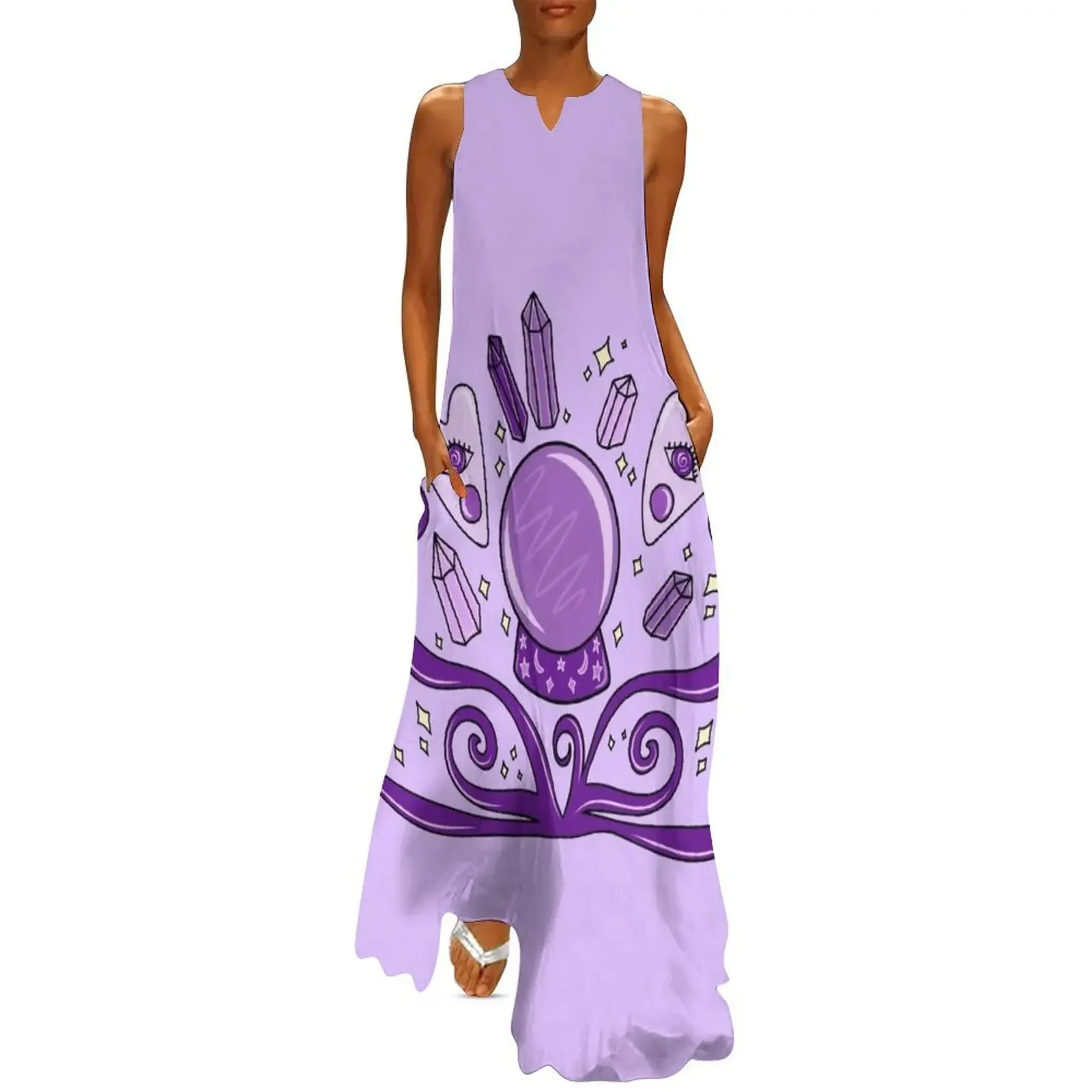 

Mystical Purple Fortune Teller, Crystal Ball, Crystals, and Planchettes Design, made by SpookyShoppe Long Dress
