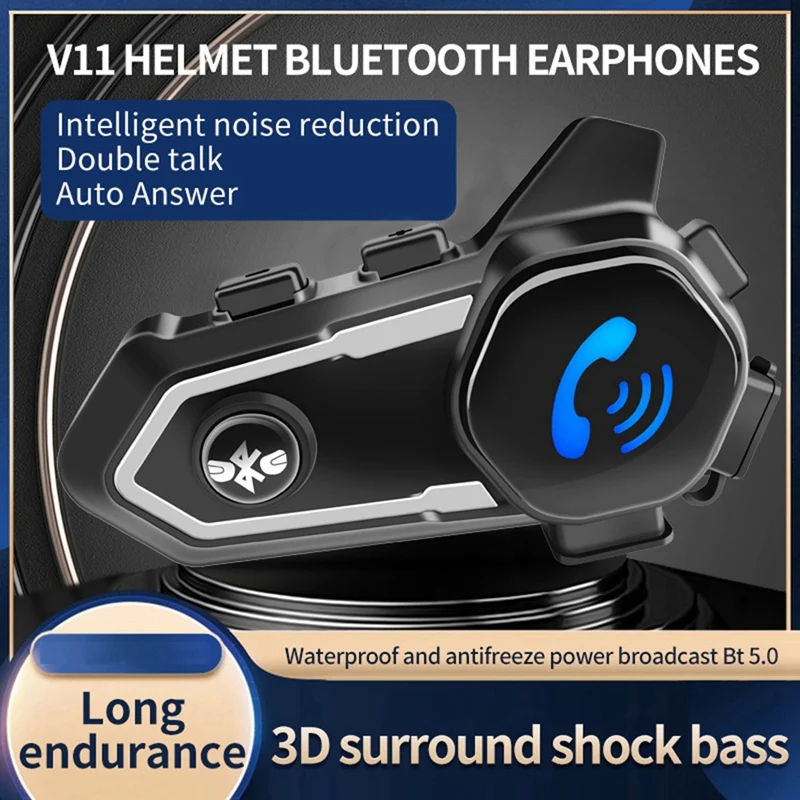 Motorcycle Helmet Headset Waterproof Bluetooth 5.0 Intercom Wireless Earphone Black ABS Stereo With Mic