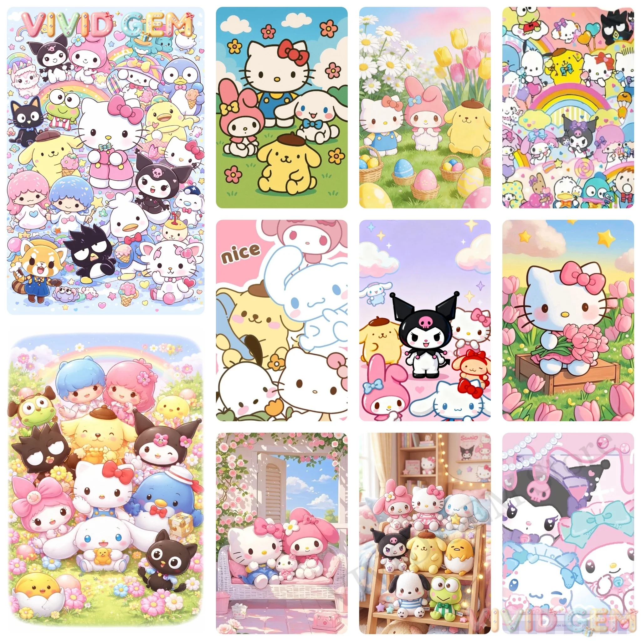 VIVID GEM Sanrio Hello Kitty My Melody Voll-Diamant-Malerei Regenbogen Frühling Kreuzstich Mosaik Handgemachtes Wandgeschenk