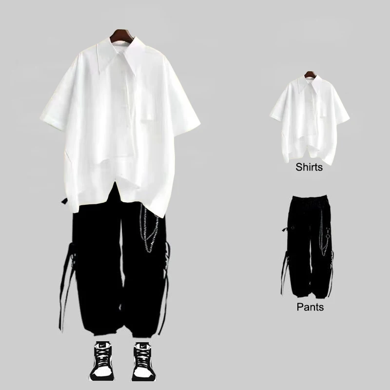 New Men Streetwear Two-piece Suit Splice Chain Long Sleeve+Ribbon Chain Pants Harajuku Cargo Pants 2 Piece Sets Mens Outfits