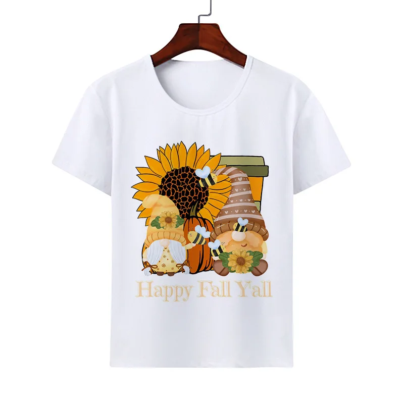 Lovely Harvest Festival Solid Color Short-sleeved Casual Boys and Girls White T-shirt Maple Sunflower Round Neck Children's Wear