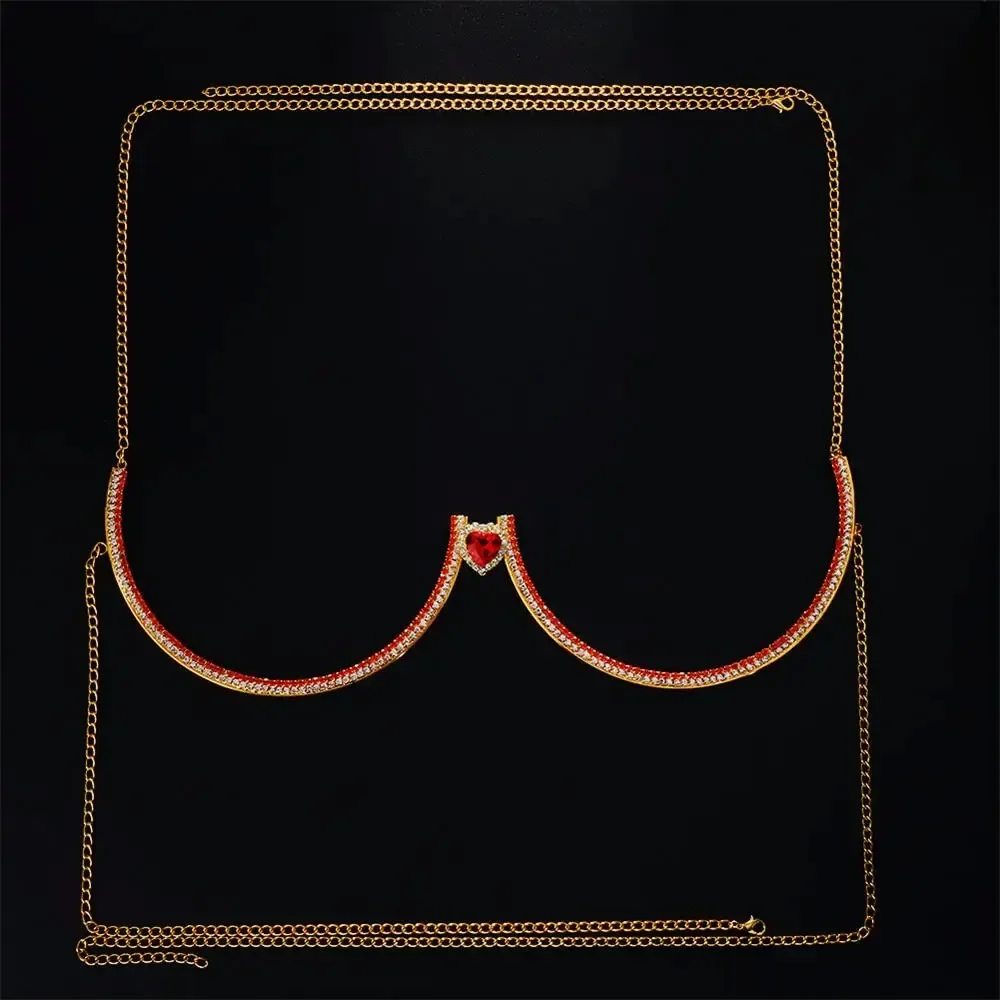 Stonefans Red Crystal Curved Heart Chest Bracket Chain Bra Harness Sexy Splicing Rhinestone Body Chain Chest Support Bikini