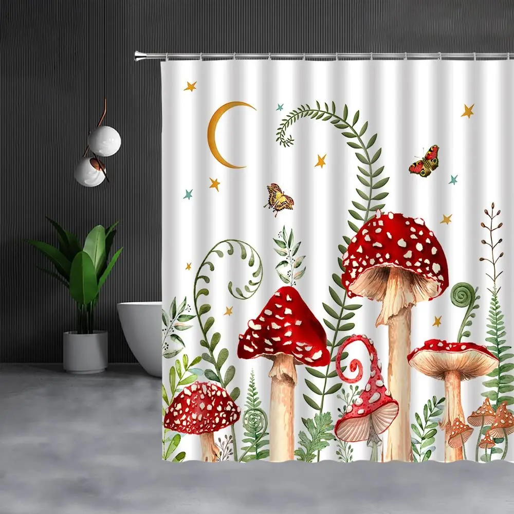 

Mushroom Shower Curtain Retro Mushrooms Butterfly Floral Boho Moon Starry Sky Botanical Green Plant Bathroom Curtains with Hooks