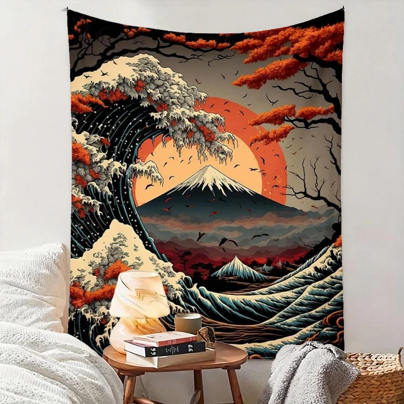 1PC Ukiyo E Wave Fuji Maple Print Backdrop Banner, Bedroom Living Room Photo Background, Polyester, Home Decor, Wall Art