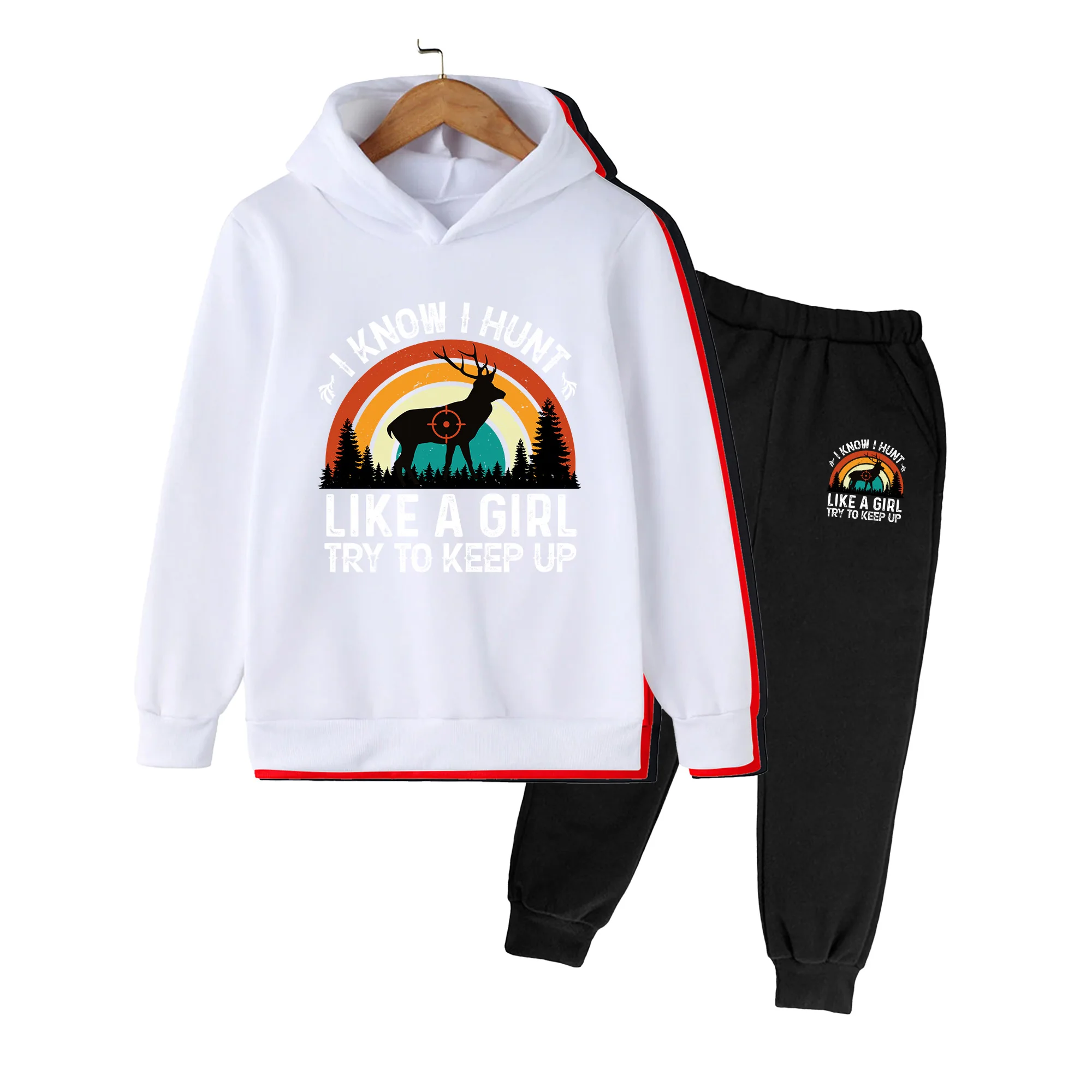 Kids Deer Hunting Print Hoodie & Sweatpants Set, Casual Outdoor Sportswear for Boys Girls