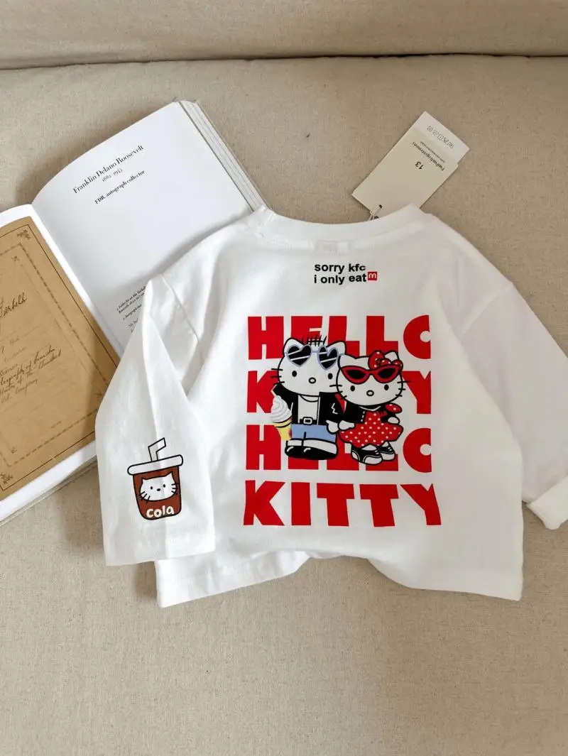 سانريو كورومي أنيمي فتاة القطن الخالص تي شيرت طويل الأكمام ملابس الأطفال الصبي الطفل سترة كيتي القط الخريف قاعدة قميص 2025