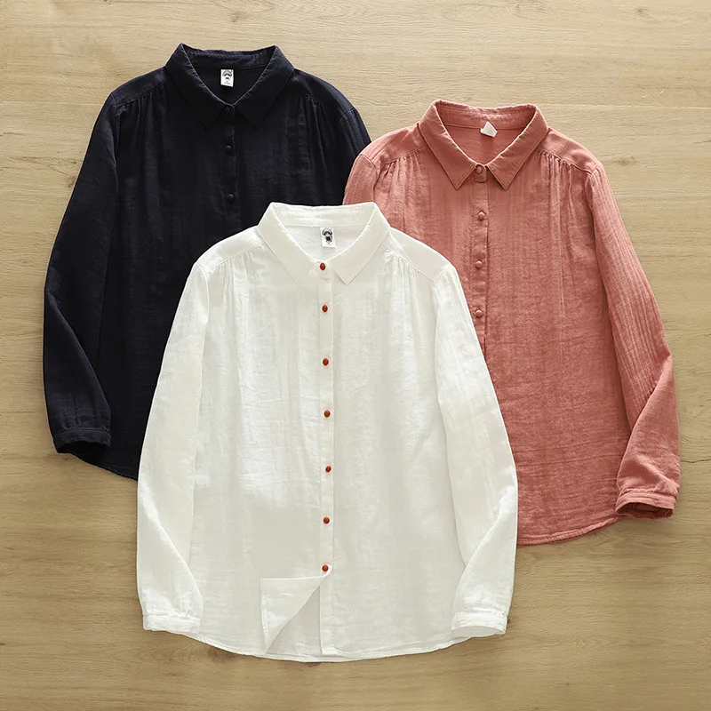 Double Layers Cotton Yarn White Pink Navy Blue Base Shirts Blouses for Women Autumn Lapel Long Sleeve Shirt Mori Girl Shirts