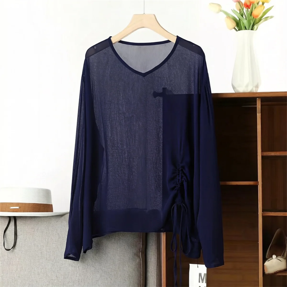 Women's plus Size Chiffon Blouse round Neck Drawstring Sheer Long Sleeve Sexy shirts Loose Casual Vintage Summer Top