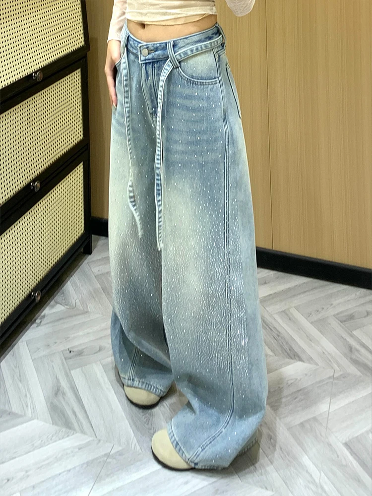 American Style Glittery Single-Face Rhinestone Denim Pants Women's Summer Vintage Fashion Long Floor-Length Glowing Jeans