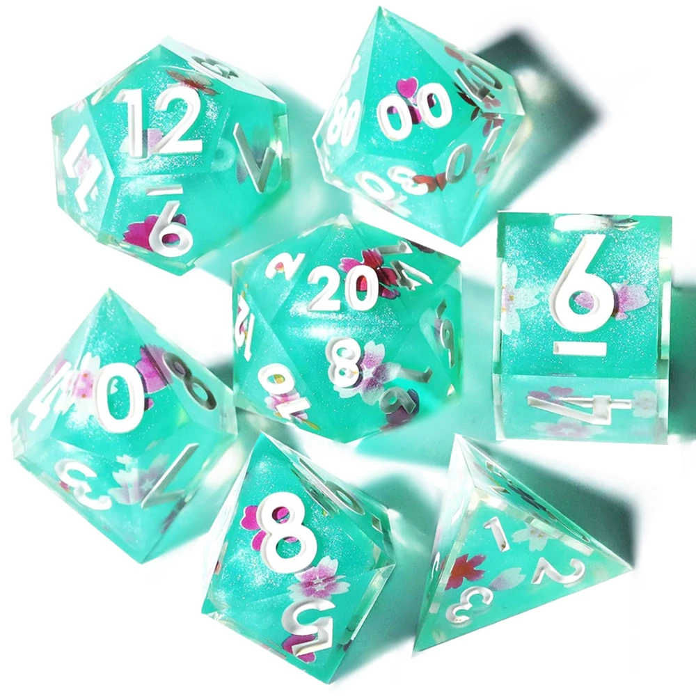 MINI PLANET Cherry Blossom Sticker Dice with Sharp Edges Polyhedral Resin Dice for RPG Tabletop Game Porcelain Dice DND Sets