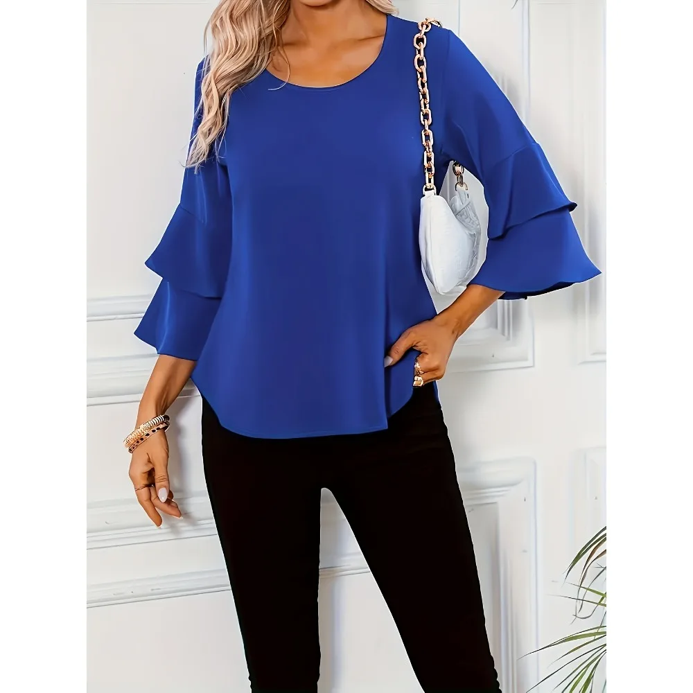 Camisa holgada informal de talla grande 1XL-5XL para mujer, camisa de manga acampanada en capas, Color sólido, blusa de manga larga a la moda para mujer