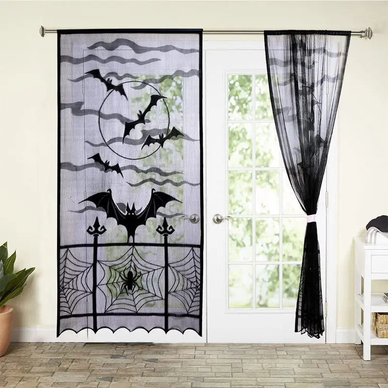 Halloween-Fenstervorhang mit schwarzer Spitze, Totenkopf, Hexe, gruseliger Spinnennetz-Aufdruck, Türvorhänge für Zuhause, Innenbereich, Büro, Party-Dekoration, Zubehör