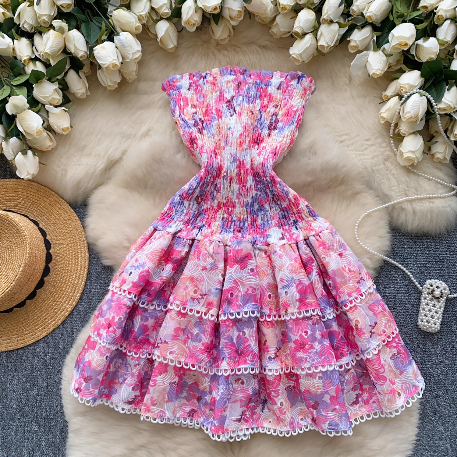 Summer Women Dress Floral Print Halter Ruffles Cake Chest Wrap Corset Party Dresses Lady Flower Mini Short Vestidos