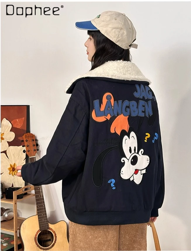 

American Retro Color Block Cartoon Embroidery Thickened Turn-down Collar Cotton Jacket for Women Winter Warm Versatile Coat