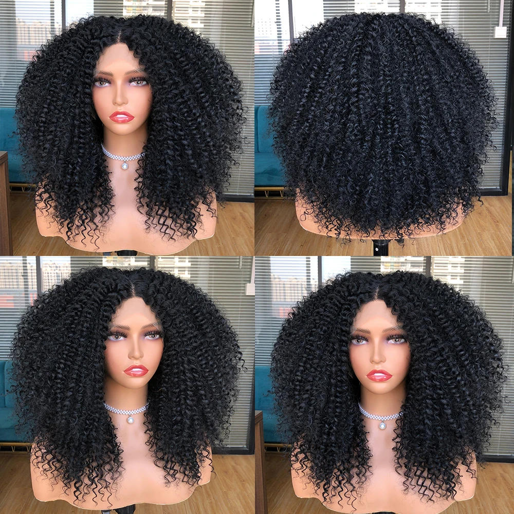 Perruque Lace Front Wig synthétique crépue bouclée pour femmes, postiche Afro court style Bob, ombré, brun, cheveux naturels, coiffure noire avec Clip