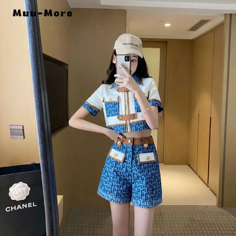 2024 Summer Fashion Casual Office Lady Two-piece Set Women Turn Down Collar Top + Print Shorts ELegant Shorts Set Outfits