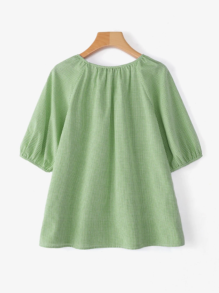 ZANZEA Vintage Blouse Women Plaid Blusas 2025 Casual Loose Short Sleeve Tops Fashion Lace Up Tunic Lace Patchwork Pullovers