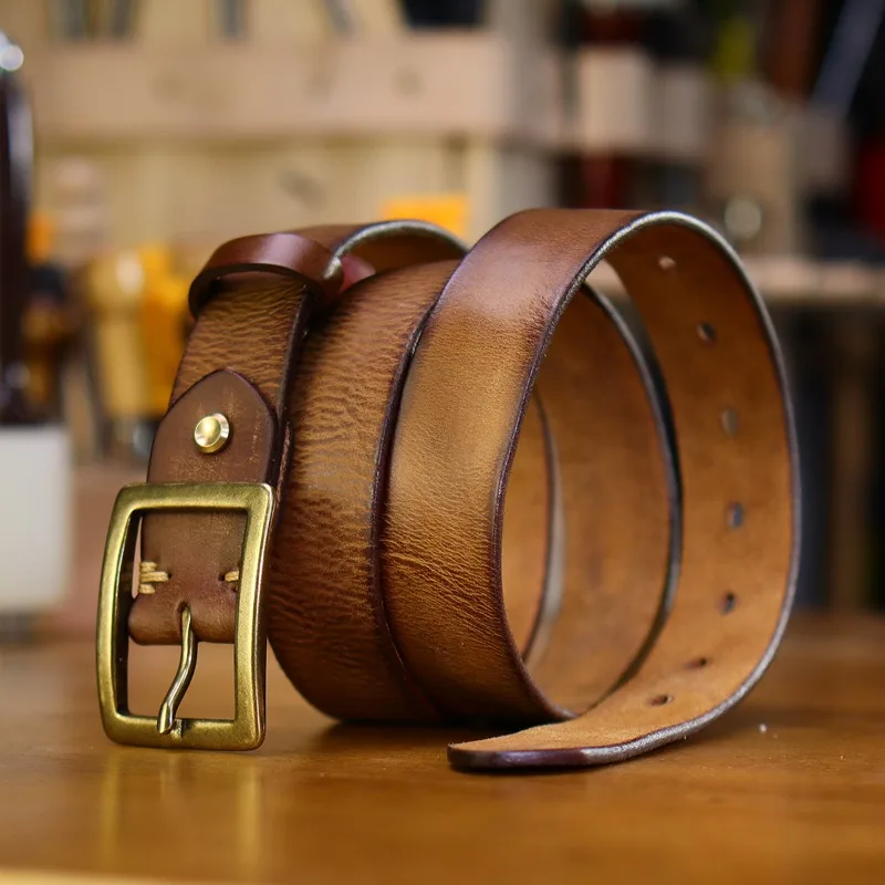 Retro Durable Genuine Leather Stitching Belt with Vintage Drum Craftsmanship Sewing Thread and Brass Buckle 3.3cm Width