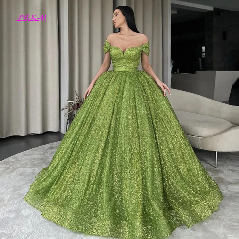 

Elegant Off the Shoulder Green Glitter Prom Dresses A-Line Puff Skirt Princess Evening Quinceanera Party Gowns Robe De Soirée