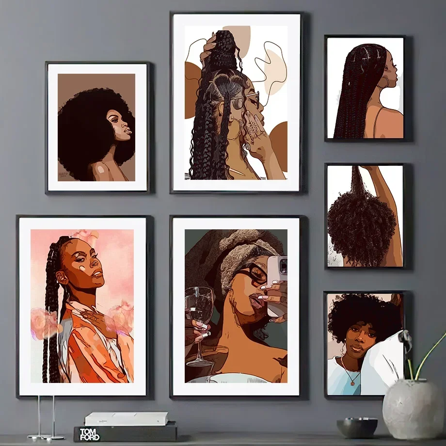 Fashionable Black Girl Canvas Wall Art, Champagne Hair Salon Decor, Modern Living Room Poster Prints