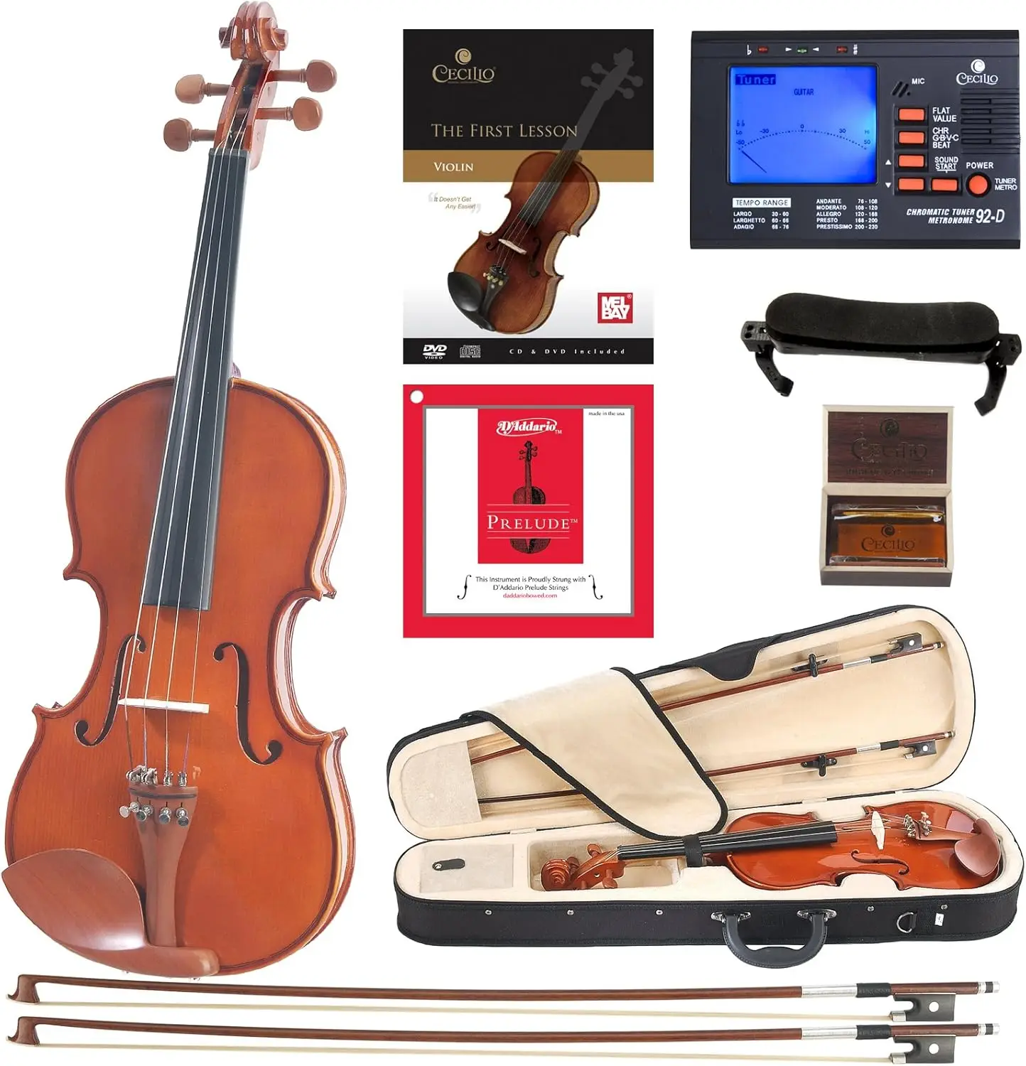 CVN-200 Solidwood Violin 3/4 Size with D'Addario Prelude Strings, Brazilwood Bows, Hard Case, Tuner, and More - Affordab