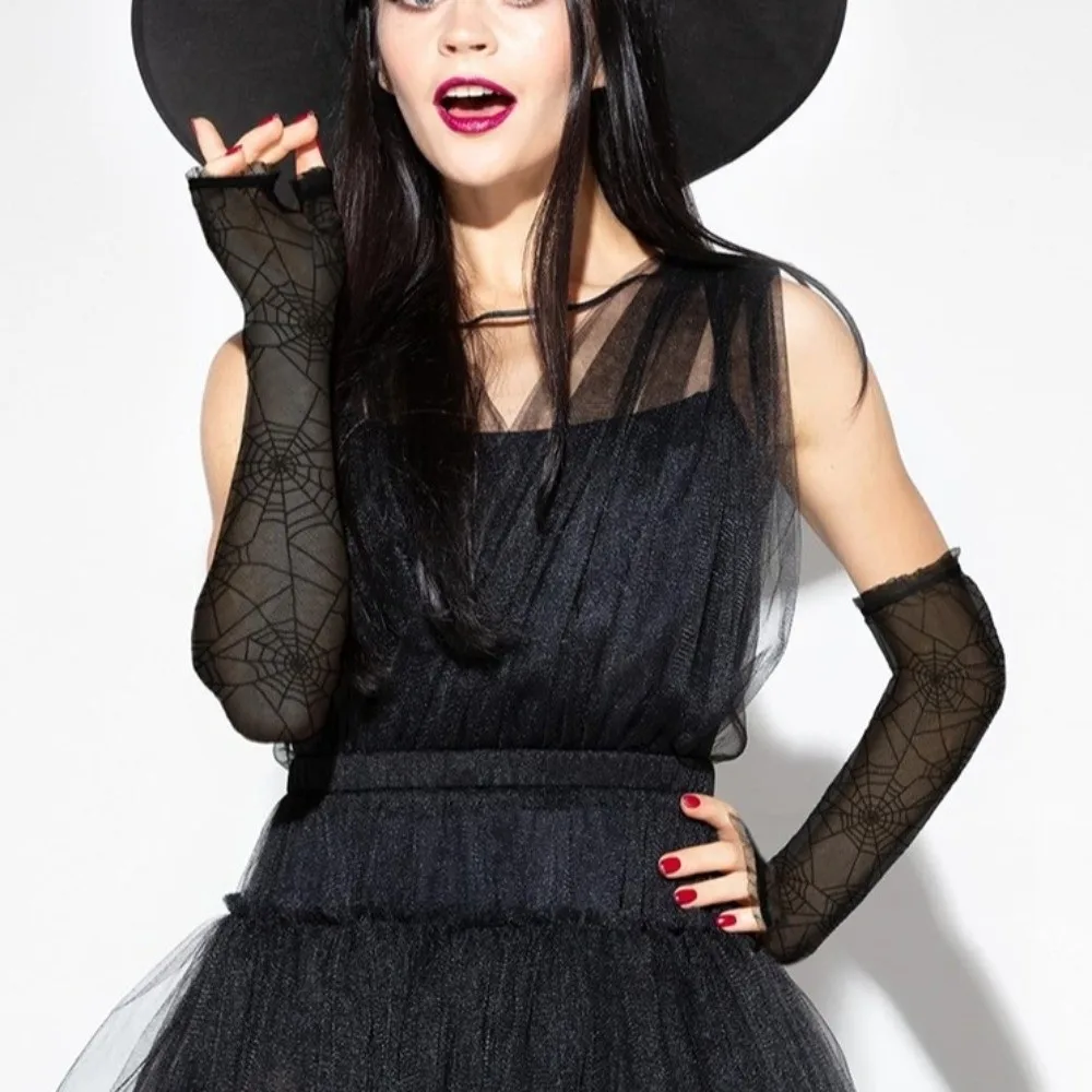 Fancy Thin Halloween Gloves Lolita Gothic Spider Web Gloves Long Hand Cuff Mesh Mitten Driving
